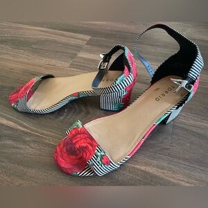 Torrid Heels with Roses and Black and White Stripes